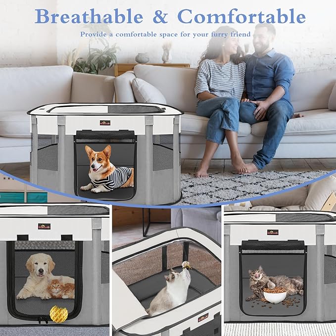 Dog Playpen, Pet Playpen, Foldable Kitten cage Puppy Play Pen, Portable Dog Kennel Tent Crate, Indoor Outdoor Travel Camping Use for Small Animals with Carrying Case (Grey M)