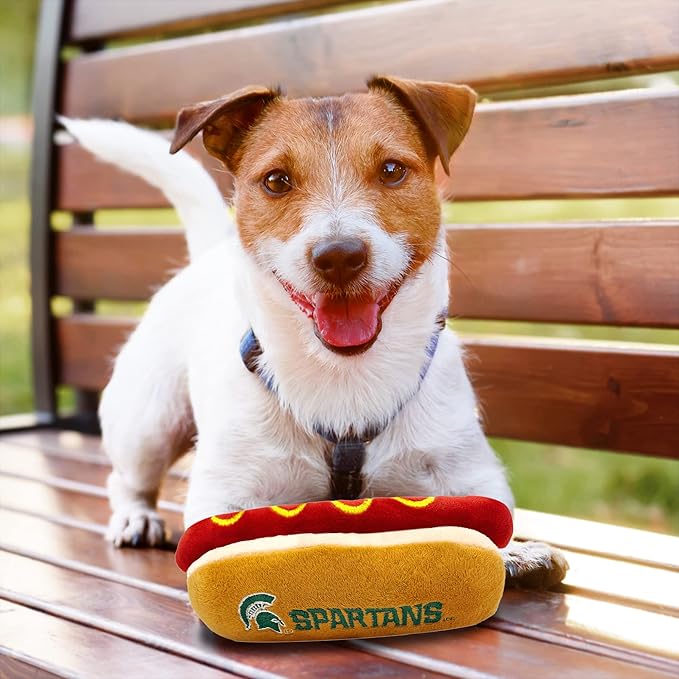 NCAA Michigan State Spartans HOT Dog Plush Dog & CAT Squeak Toy- Cutest HOT-Dog Snack Plush Toy for Dogs & Cats with Inner Squeaker & Beautiful Football/Basketball Team Name/Logo