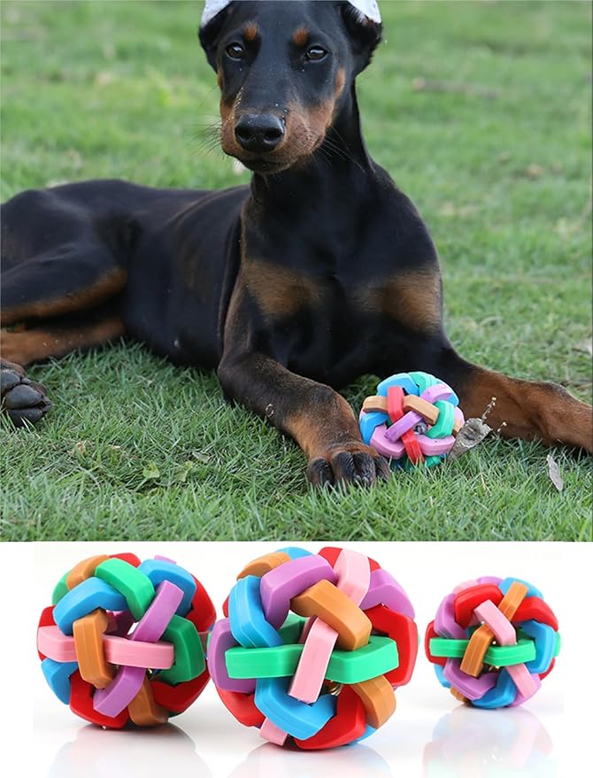 GLOGLOW Rubber Ball Dog Toy, Colorful Soft Ball Chewing Interactive Toy with Inside Bell for Puppy Dogs Cats Mini Pigs(M)