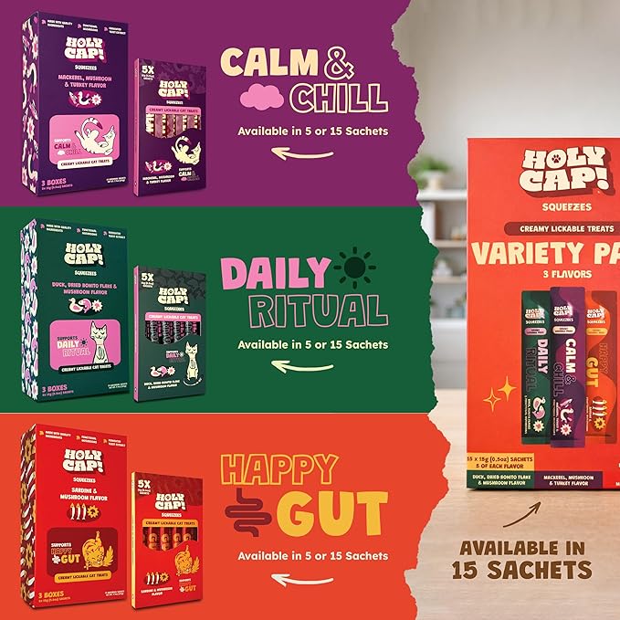 Happy Gut Grain-Free Lickable Cat Treats, 5 Squeezable Purée Tubes (0.5 oz Each), Sardine & Pumpkin Flavor, Creamy Cat Purée with Clean Ingredients, Hand-Fed Treat or Meal Topper