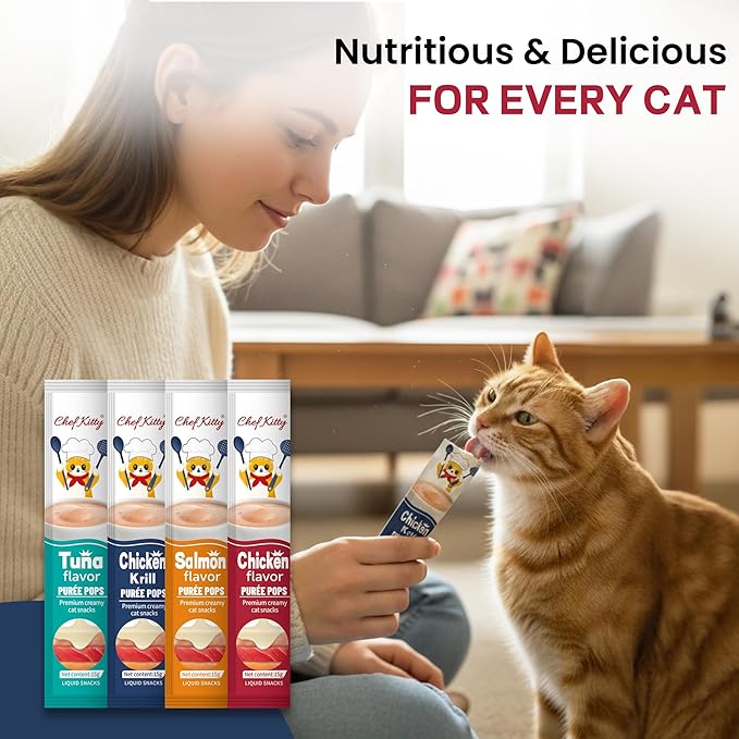 Purée Pops + Pink Feeding Spoon, Grain-Free, Lickable, Squeezable Creamy Cat Treat/Topper, 10 Tubes, Chicken and Seafood Mix Variety