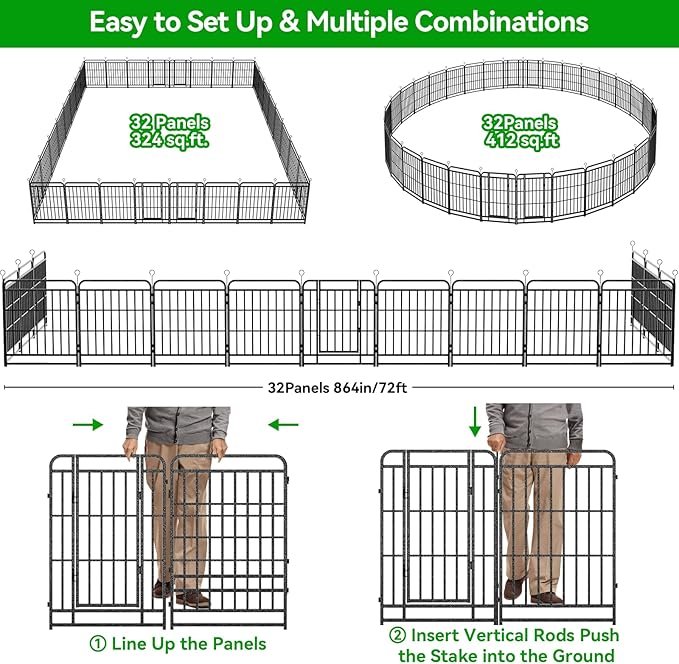 Kfvigoho Heavy Duty Dog Playpen: 32 Steel Panels 47" Height, Square Steel Pipe with Reinforced Crossbars, 71FT 406 Sq.ft Portable Fence for Yard RV Camping, Snowy Black