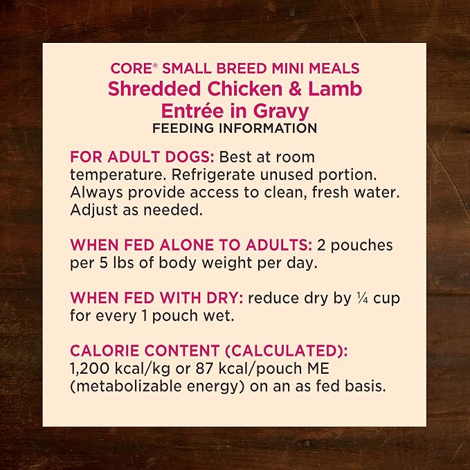 Wellness CORE Small Breed Mini Meals Shredded in Gravy Adult Wet Dog Food, Grain Free, Natural, Chicken and Lamb Entrée Recipe, 3 oz, Pack of 12 Pouches