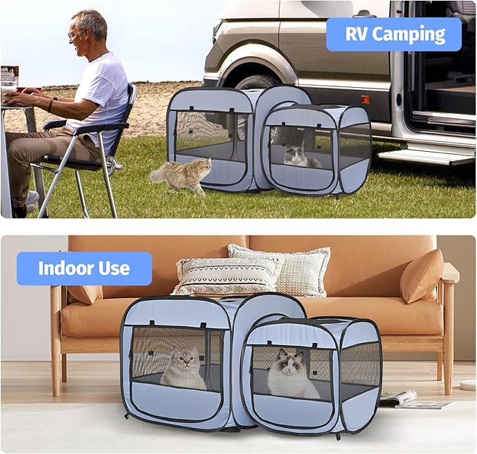 EighteenTekยฎ 2-in-1 Portable Cat Playpen(Front Doors), Pop up Kitten Playpen, Assembly-Free, Pet Tent Crates Kennel Cage Enclosure for Dog Puppy Indoor Outdoor(No Divider, Unified Space)