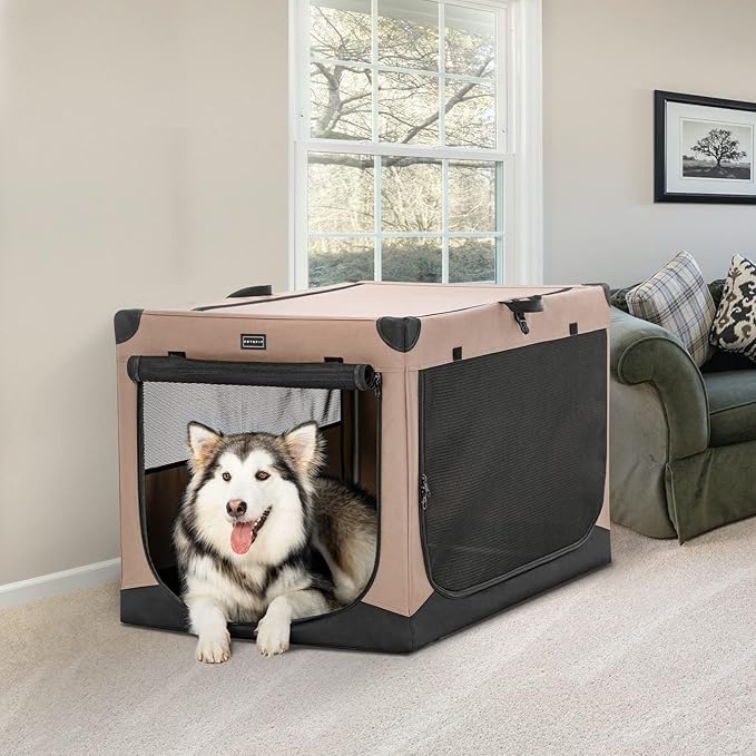 PETSFIT 40" Soft Portable Dog Crate – Patented Spiral Sturdy Frame, Collapsible Travel Kennel for Large Dogs, 3 Mesh Door, Lockable Zippers, Indoor & Car Use Khaki