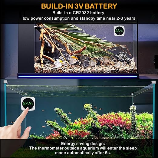 Aquarium Thermometer, Digital Fish Tank Thermometer Stick On, LED Display ±0.9°F with Touch Button for Aquatic Pets, Fish, Betta Axolotl & Turtle (1)