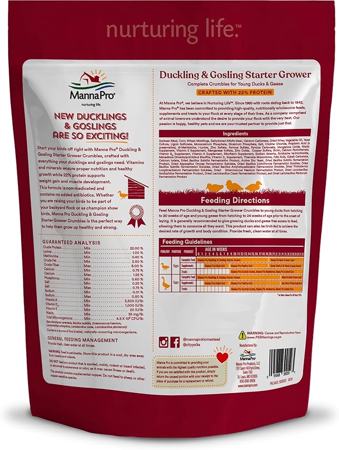Manna Pro Duck Starter Grower Crumble – Non-Medicated Duckling Feed with Probiotics for Digestion, Ducks & Goose Starter Feed for Healthy Growth, Duck Grower Crumble Pellets, 8 lb