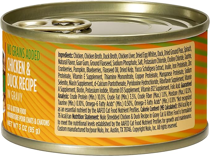 Nulo Wet Canned Cat Food - Shredded Chicken & Duck, High Protein Grain-Free Wet Cat Food Shreds for Indoor & Outdoor Kittens and Adults, 3oz Cans (24 Pack)