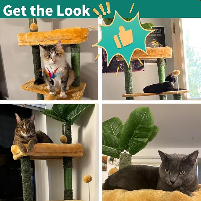 YITAHOME Tall Cat Tree Tower with Leaves for Indoor Cats, 72.8in Cute Cat Climbing Tower with Self-Grooming Brush, Cat Condo, Top Perch, Basktet, Sisal Scratching Posts and Board, Dangling Ball