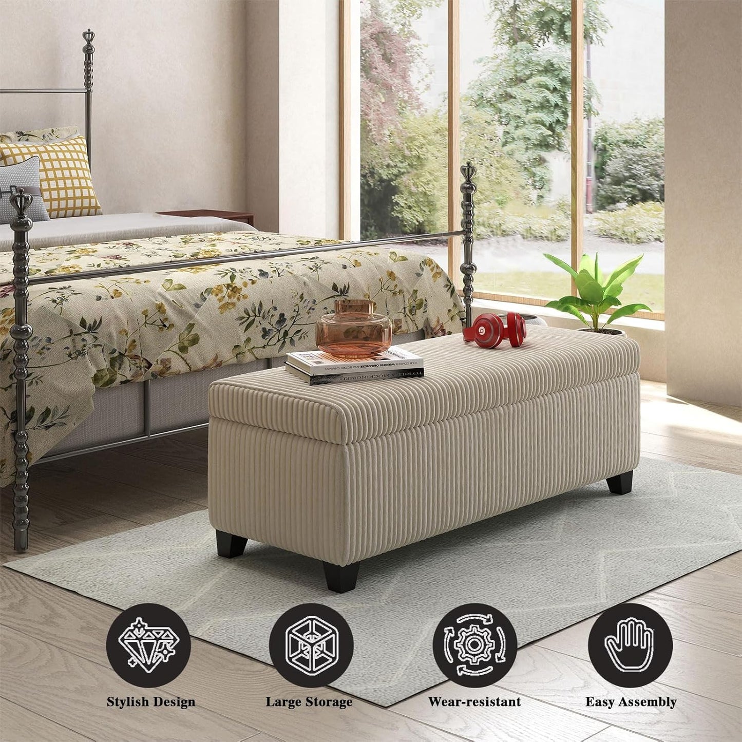 48" Ottoman with Storage, Corduroy Storage Ottoman Bench for Bedroom, End of Bed Bench with Safety Hinge for Living Room, Bedroom, Entryway, Beige