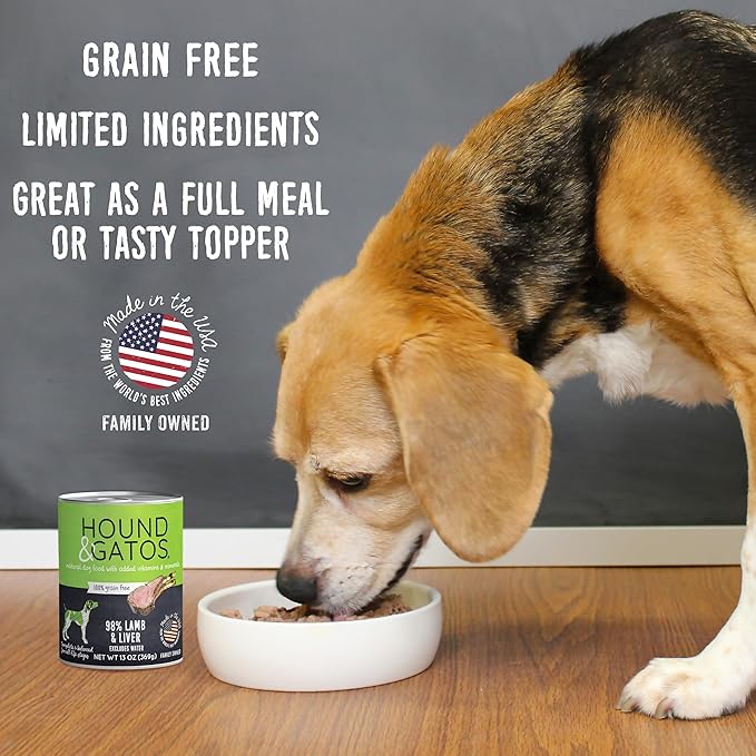 Hound & Gatos Wet Dog Food, 98% Real Meat, Single Protein Lamb Recipe, Supports Digestive Health, High Protein, Limited Ingredients, Grain Free, 13 oz. Cans (Pack of 12)
