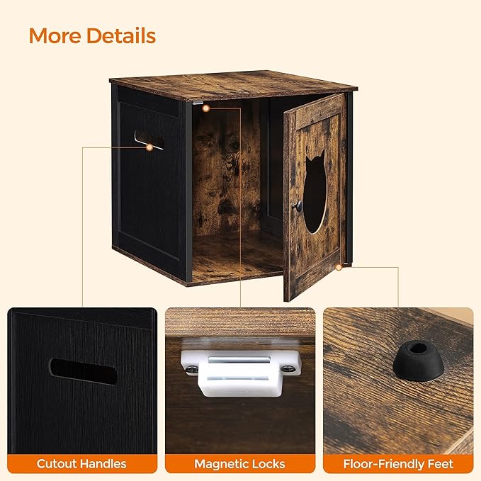 Feandrea Cat Litter Box Furniture, Hidden Litter Box Enclosure Cabinet with Single Door, Indoor Cat House, End Table, Nightstand, Rustic Brown and Black UPCL004X02