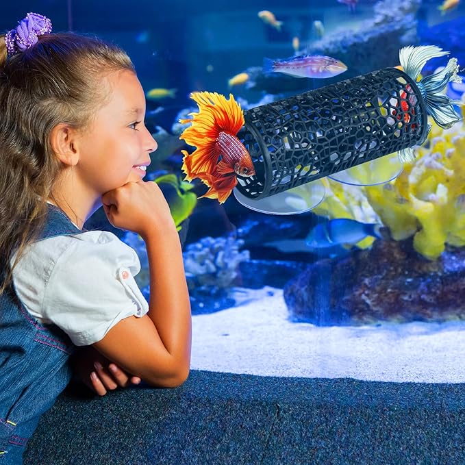 Honeydak 2 Pcs Betta Fish Tank Accessories Black Betta Tunnel Fish Toys Safe Hollow Hammock Cave Aquarium Decor Hideout Tube Shelter with Suction Cups for Small Fish Shrimp Reptile Guppies