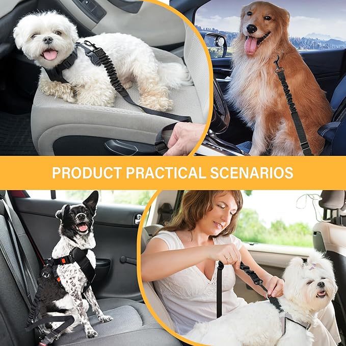 Dog Seat Belt Retractable Dog Car Harness 2 Pack Adjustable Elastic Bungee Buffer Heavy Duty & Durable & 360 Degree Swivel.