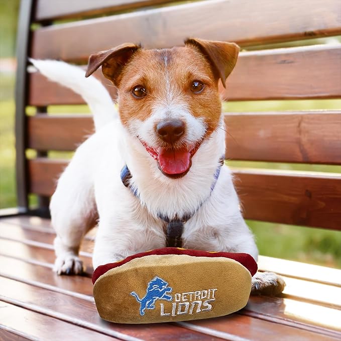 Pets First NFL Detroit Lions HOT Dog Plush Dog & CAT Squeak Toy - Cutest HOT-Dog Snack Plush Toy for Dogs & Cats with Inner Squeaker & Beautiful Football Team Name/Logo, 8 x 5 x 3 Inches