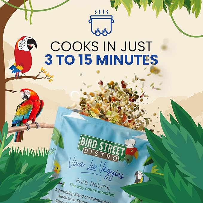 Bird Street Bistro Parrot Food - Parakeet & Cockatiel Food - Cooks in 3-15 min w/Natural Grains, Legumes, Non-GMO Fruits, Vegetables & Health-Oriented Spices