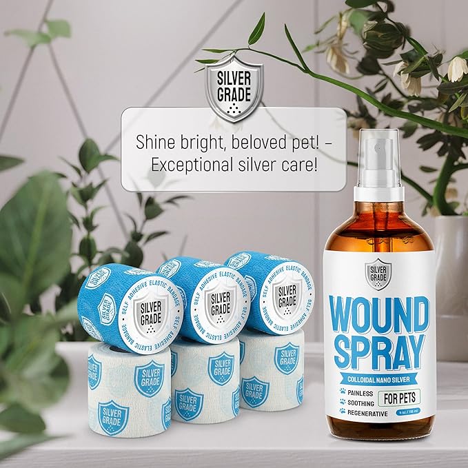 Wound Spray for Pets + 6 Elastic Self-Adhering Bandages – All Skin Moments Care with Colloidal Silver – Cleansing Properties & Protection from Licking and Scratching – 4-oz Bottle