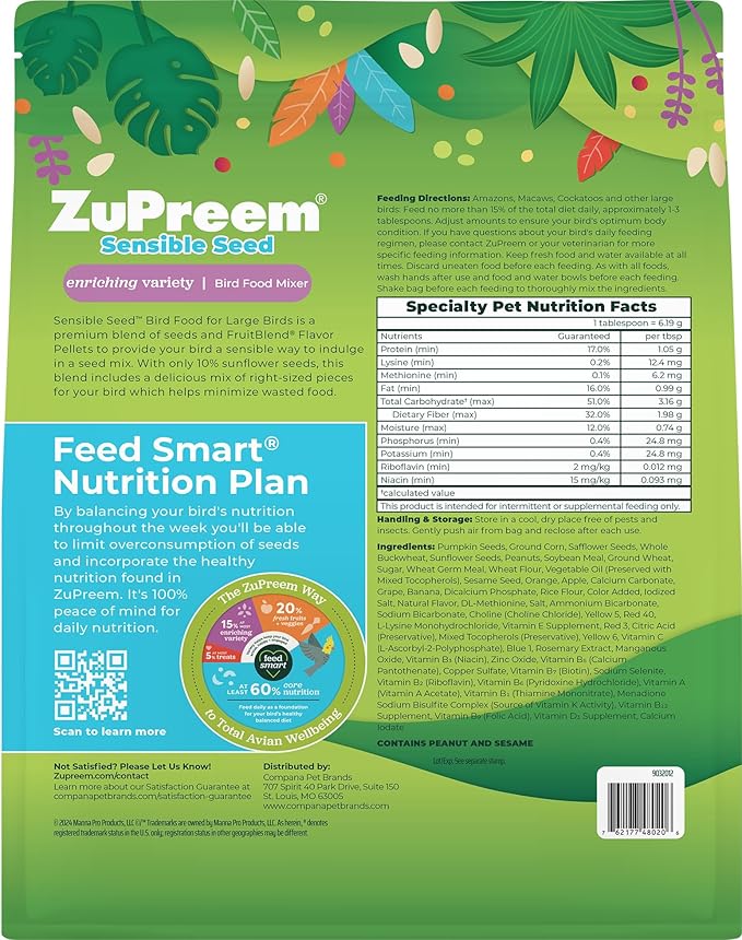 ZuPreem Sensible Seed Bird Food, Amazon, Cockatoo, Macaw, Bird Seed and Pellets Blend, ZuPreem Feed Mixer Topper, Enriching Variety, Made in USA, Macaw Food, (Large, 2 lb bag)