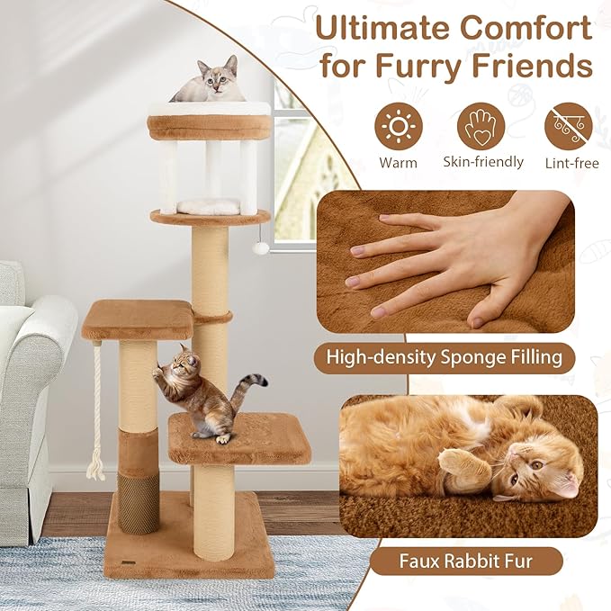 PETSITE 65 Inch Tall Cat Tree, Multi-Level Cat Tower with Scratching Posts, Soft Faux Rabbit Fur Padded Perches, Removable Cushion, Sisal Rope, and Dangling Ball, Modern Cat Tree Tower for Indoor Cats