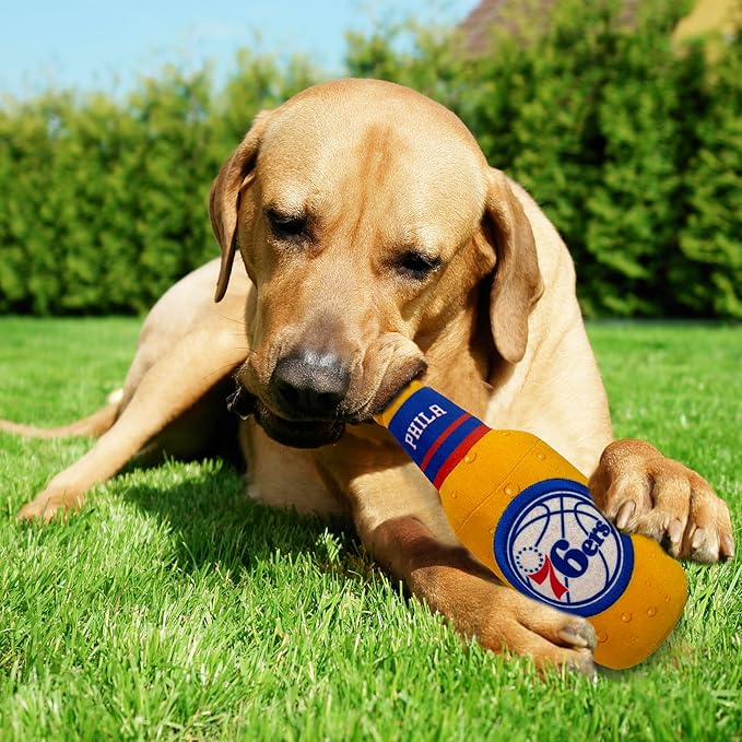 NBA Philadelphia 76ers Beer Bottle Plush Dog & CAT Squeak Toy - Cutest Stadium SODA Bottle Snack Plush Toy for Dogs & Cats with Inner Squeaker & Beautiful Basketball Team Name/Logo