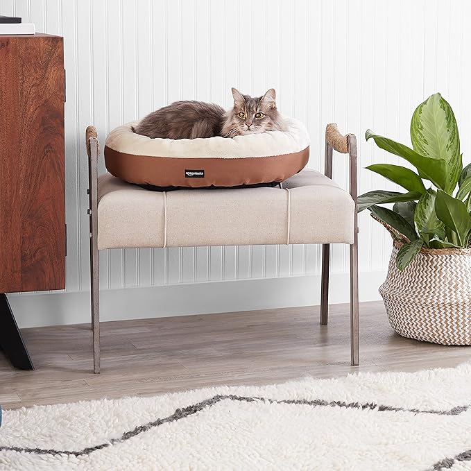 Amazon Basics Round Bolster Pet Bed for Dog or Cat with Flannel Top, 20.0" L x 20.0" W x 8.0" Th, Brown and Ivory (Pack of 6)