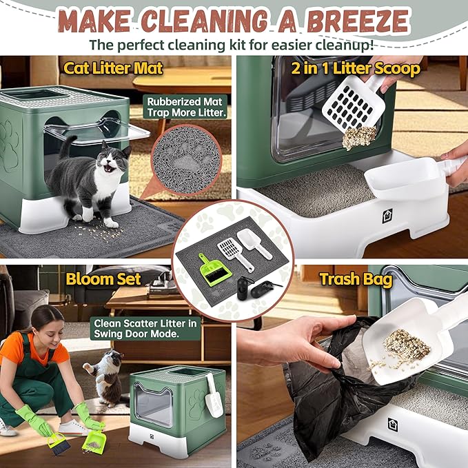 Cat Litter Box with Litter Mat, Foldable Extra Large Free in and Out/One-Way with Lid, Drawer Type Enclosed Kitty Litter Box,Odor Control Anti-Splashing Easy Cleaning (Green)