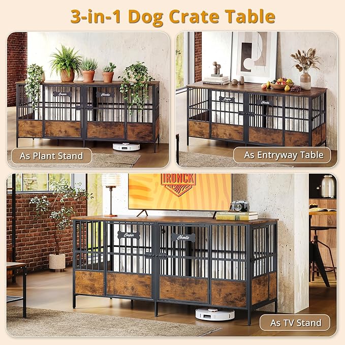 IRONCK 67" Dog Crate Furniture for 1 or 2 Dogs – Heavy Duty Dog Kennel with Adjustable Divider, Double Dog Cage as TV Stand, Rustic Brown