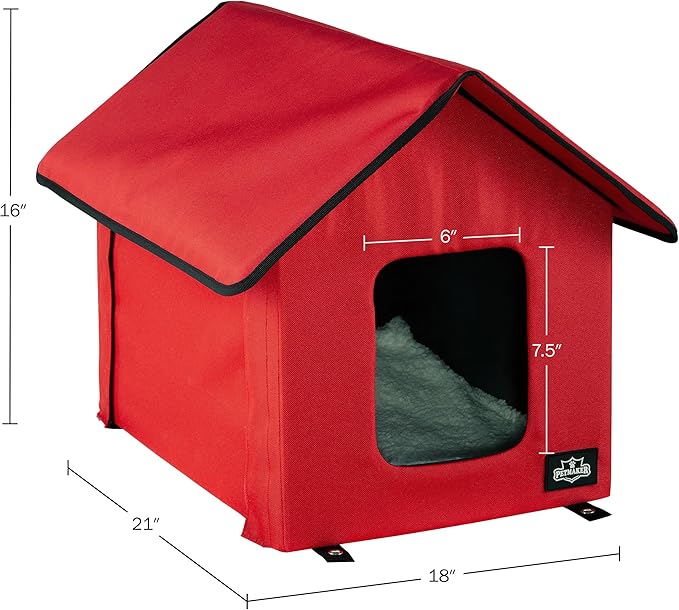 Heated Cat House - Double-Door Cat Bed with Zippered Roof, Pet Heating Pad, and Sherpa Cover - for Garage, Porch, Barn, or Basement by PETMAKER (Red)
