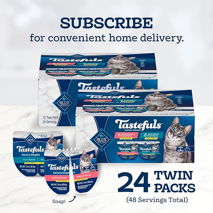 Blue Buffalo Tastefuls Savory Singles Natural Wet Cat Food Variety Pack, Salmon & Tuna Cuts in Gravy, 2.6-oz. Twin-Pack Trays (24 Count, 12 of Each)