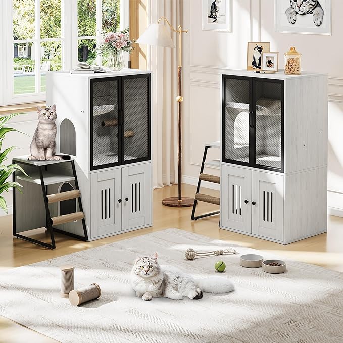 GarveeLife Cat Litter Box Enclosure with Doors, Double Cat House with Storage Space, Enclosed Litter Box Furniture with Ladder, Retro White