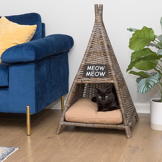 CBD1002A Tiki Tent 20" x 20" Coastal Handwoven Rattan Cat Bed with Machine-Washable Cushion, Kubu Gray