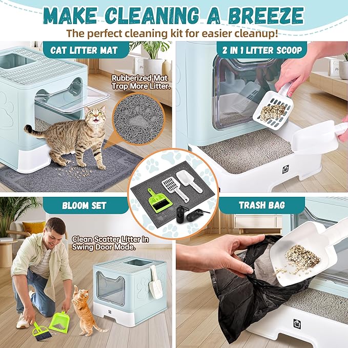 Cat Litter Box with Litter Mat, Foldable Extra Large Free in and Out/One-Way with Lid, Drawer Type Enclosed Kitty Litter Box,Odor Control Anti-Splashing Easy Cleaning (Light Blue)