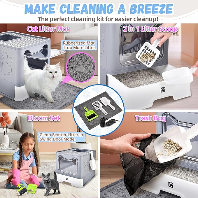 Cat Litter Box with Litter Mat, Foldable Extra Large Free in and Out/One-Way with Lid, Drawer Type Enclosed Kitty Litter Box,Odor Control Anti-Splashing Easy Cleaning (Medium Grey)