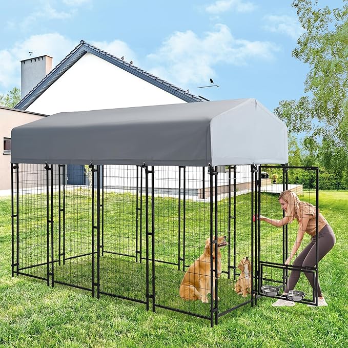 8x4x6 FT Dog Kennel Outdoor for Large Dogs,Dog Enclosure Dog Cage Pet House with UV-Resistant Waterproof Cover,Double Safety Locks,Rotating Feeding Bowls