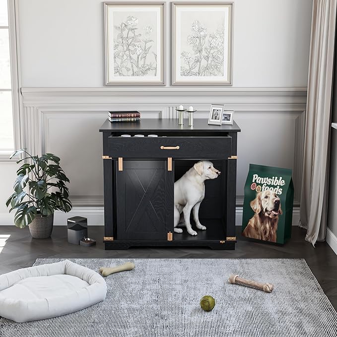 37.8'' Dog Crate Furniture with Storage Drawer, Decorative Wooden Dog Kennel with Sliding Barn Door, Indoor Water Resistant Cage for Pet, Small, Medium, Large Dog (Black Gold Oak)