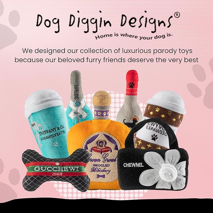 Dog Diggin Designs Sniffany & Co Petite Plush Dog Toy Bone | Luxury-Inspired Parody Designer Bone with Built-in Squeaker, Soft Plush Chew & Play Dog Toy – Prêt-à-Porter Play!
