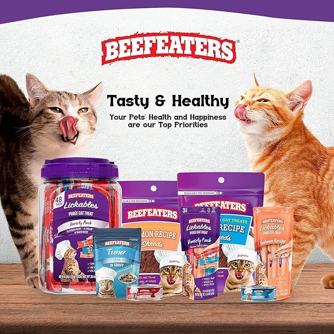 Beefeaters wet cat treats lickable 48 Count Puree Variety Pack - Salmon Tuna Chicken for Hydration & Training, Grain Free Taurine Enriched High Moisture, lickable cat treats squeeze up for Picky Eater