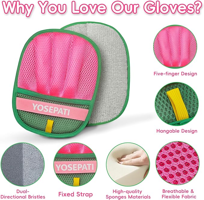 2 Pack Magic Brush Pet Hair Removal Gloves for Cat & Dog, Ectrostatic Five-Finger Fur Remover, The Magic Brush Pure Path Grooming Remover Glove for Laundry, Carpet & Car Seat (Green & Pink