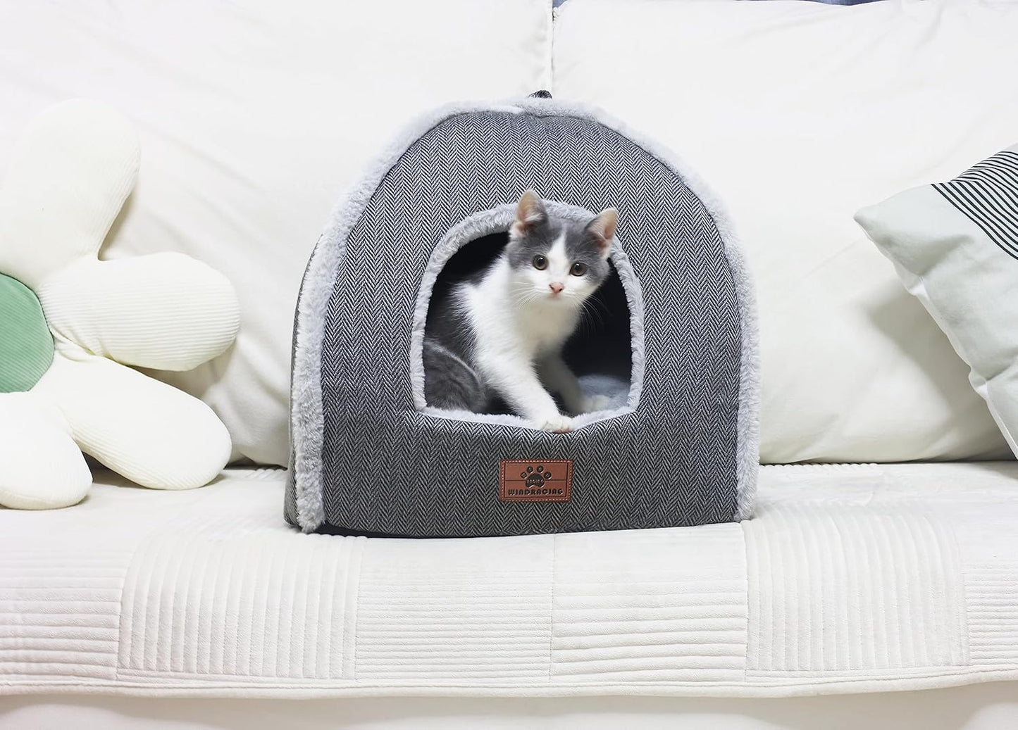 Cat Bed for Indoor Cats - Cat Cave Bed Cat House Cat Tent with Removable Washable Cushioned Pillow, Soft and Self Warming Kitten beds,Cat Beds & Furniture (Large Grey)