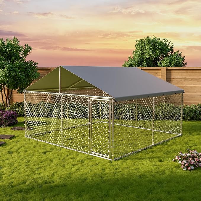 GarveeHome 10X10x6 FT Large Outdoor Dog Kennel, Dog Kennel Outside with Roof, Dog Enclosure with Waterproof & UV-Resistant Cover & Reinforced Galvanized Steel for Yard, Farm Use