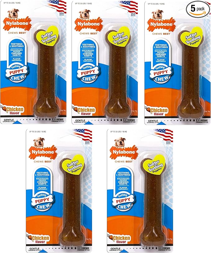 Nylabone 5 Pack of Puppy Chew Bone Toys, Medium, Chicken Flavor, Made in The USA