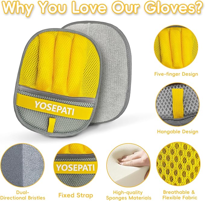 2 Pack Magic Brush Pet Hair Removal Gloves for Cat & Dog, Ectrostatic Five-Finger Fur Remover, The Magic Brush Pure Path Grooming Remover Glove for Laundry, Carpet & Car Seat (Grey & Yellow)