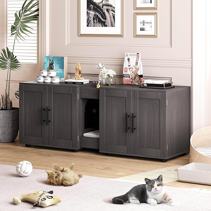 Cat Litter Box Enclosure for 2 Cats,55" Large Hidden Litter Box Furniture with Barn Door & Double Rooms,Modern Indoor Pet House TV Stand Side Table,Cats Washroom,for Bedroom Living Room,Walnut
