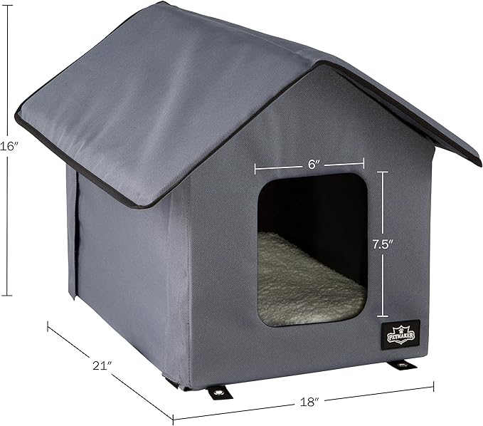 Heated Cat House - Double-Door Cat Bed with Zippered Roof, Pet Heating Pad, and Sherpa Cover - for Garage, Porch, Barn, or Basement by PETMAKER (Gray)