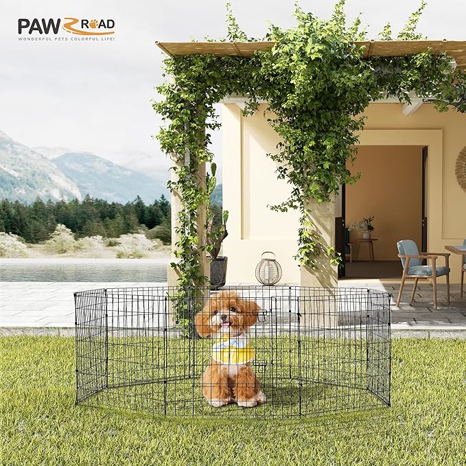 PAWZ Road Dog Playpen Foldable Metal Dog Fence with Door,Outdoor for Yard and Indoor Use Portable Design for RV and Camping- 8 Panels (24" Wide Each), 24 inch Height for Small Dogs Puppy Large Dogs
