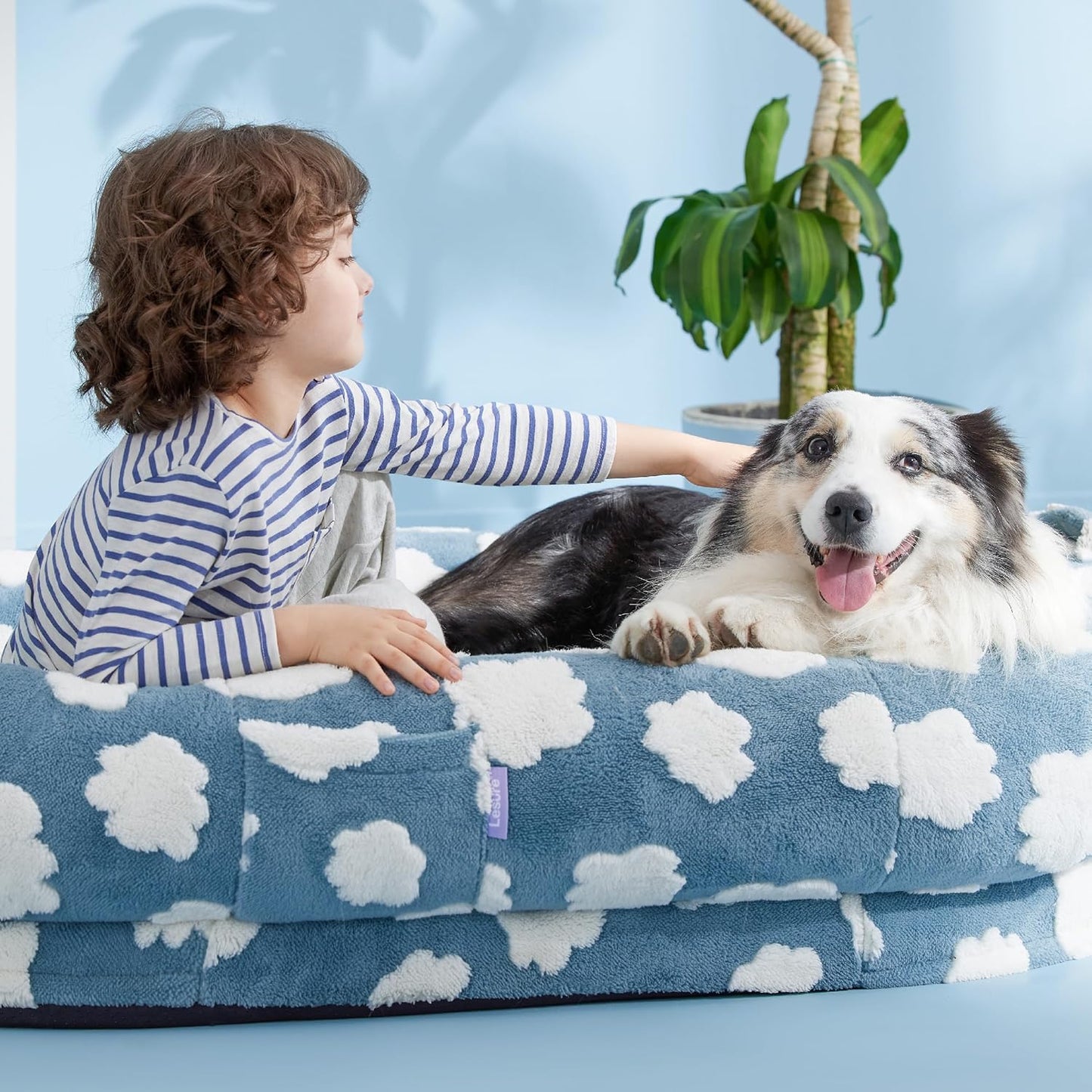 Lesure Human Dog Bed for Adult - Calming Human Size Dog Bed with Egg Foam Supportive Mat and Storage Pocket, Cute Modern Pet Beds with Jacquard Shaggy Plush & Anti Slip Bottom 55x37x10, Blue
