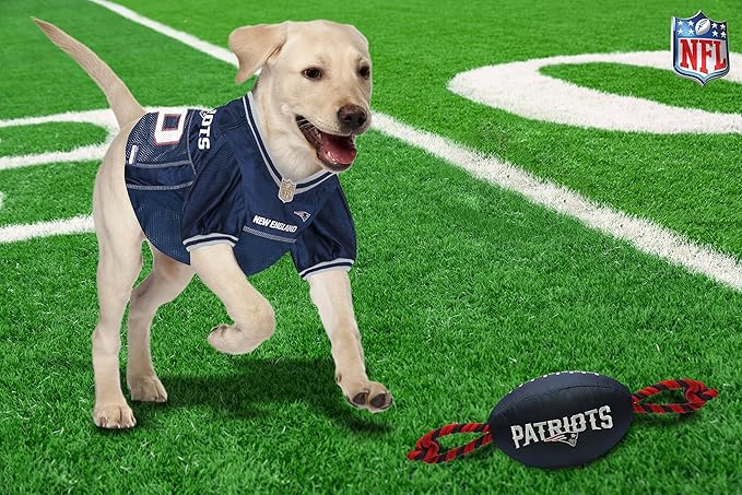 Pets First NFL New England Patriots Football Dog Toy, Tough Quality Nylon Materials, Strong Pull Ropes, Inner Squeaker, NFL Team Color