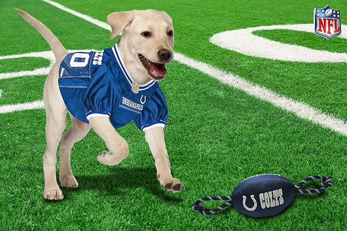 Pets First NFL Indianapolis Colts Football Dog Toy, Tough Quality Nylon Materials, Strong Pull Ropes, Inner Squeaker, NFL Team Color