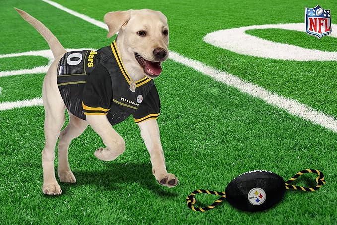 Pets First NFL Pittsburgh Steelers Football Dog Toy, Tough Quality Nylon Materials, Strong Pull Ropes, Inner Squeaker, NFL Team Color