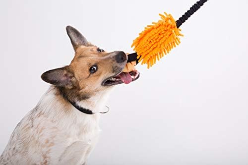 Dingo tug Toy for Dog, for Outdoor Indoor Play and tug of war, Bungee Handle, Soft Shaggy Nubby Like Plush Noodle and TPR Rubber Ball, Orange 15586